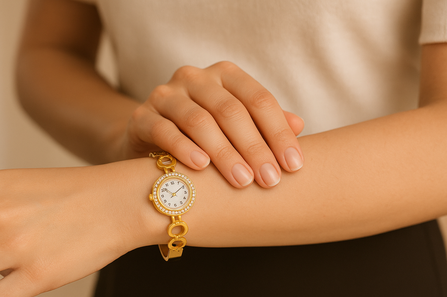 Home Pearl Elegant Floral Link Gold Bracelet Watch for Women-Anti Tarnish Gold Finish