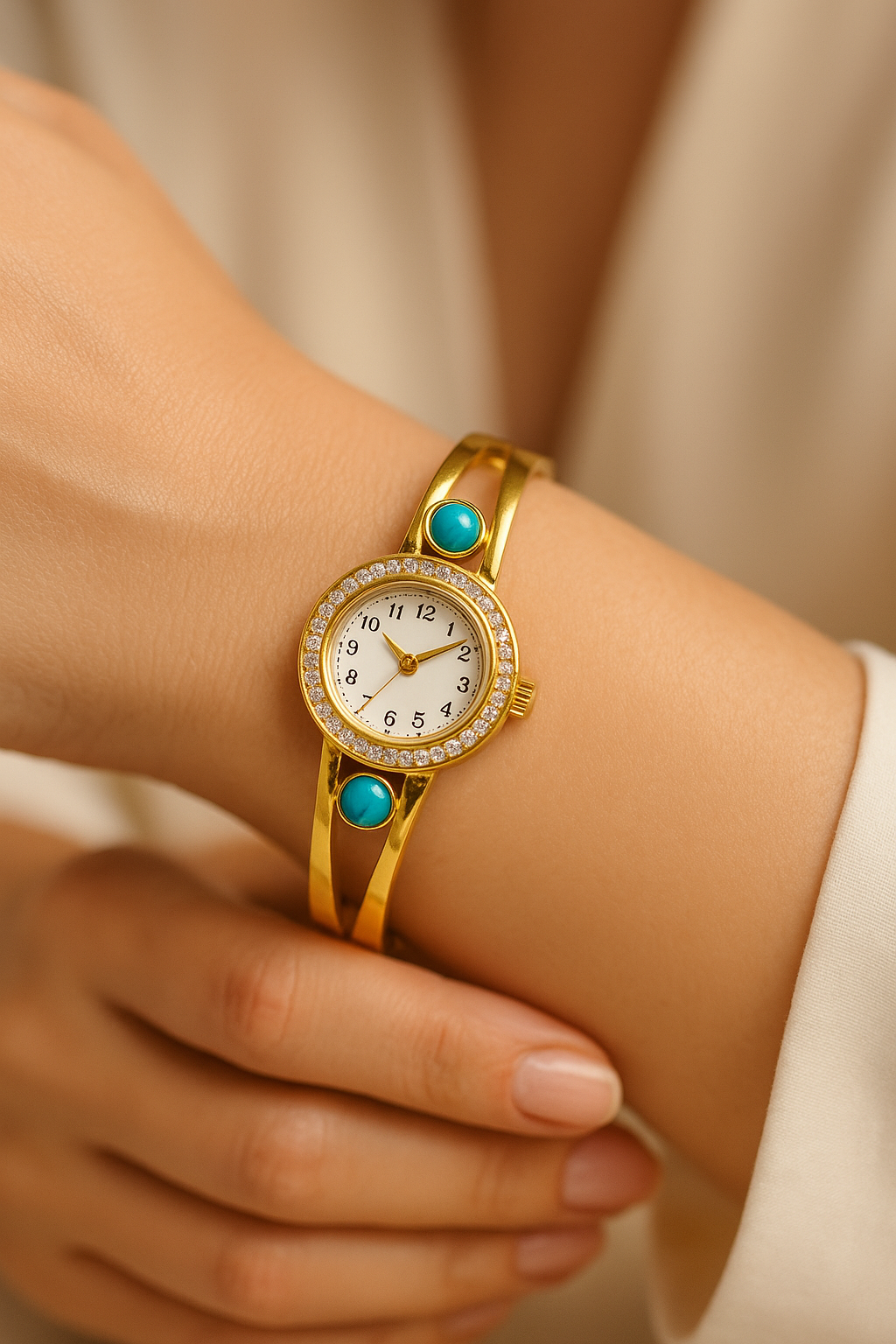 Home Pearl Elegant Gold Bracelet Watch with Blue Stone Accents-Anti Tarnish Gold Finish