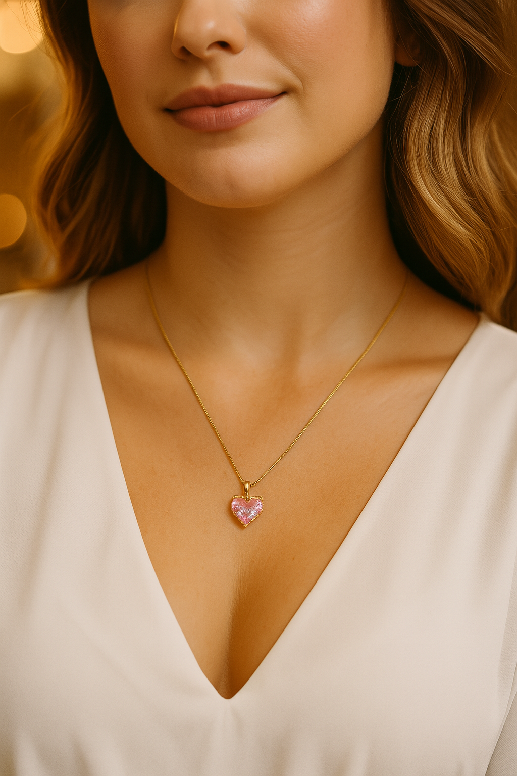 Home Pearl Gold Chain Necklace with Pink Heart Crystal Pendant-Anti Tarnish Gold Finish