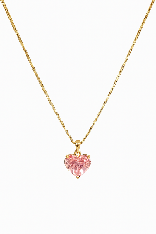 Home Pearl Gold Chain Necklace with Pink Heart Crystal Pendant-Anti Tarnish Gold Finish