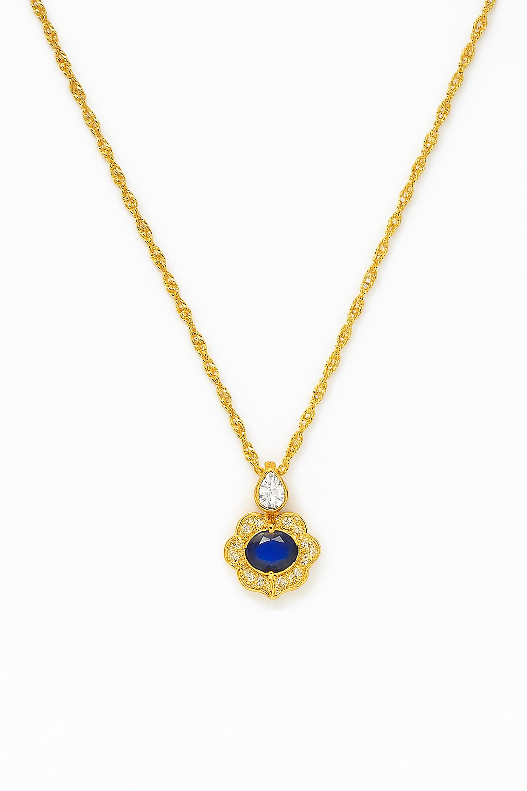 Home Pearl Royal Blue Stone Floral Pendant Necklace – Anti Tarnish Gold Finish