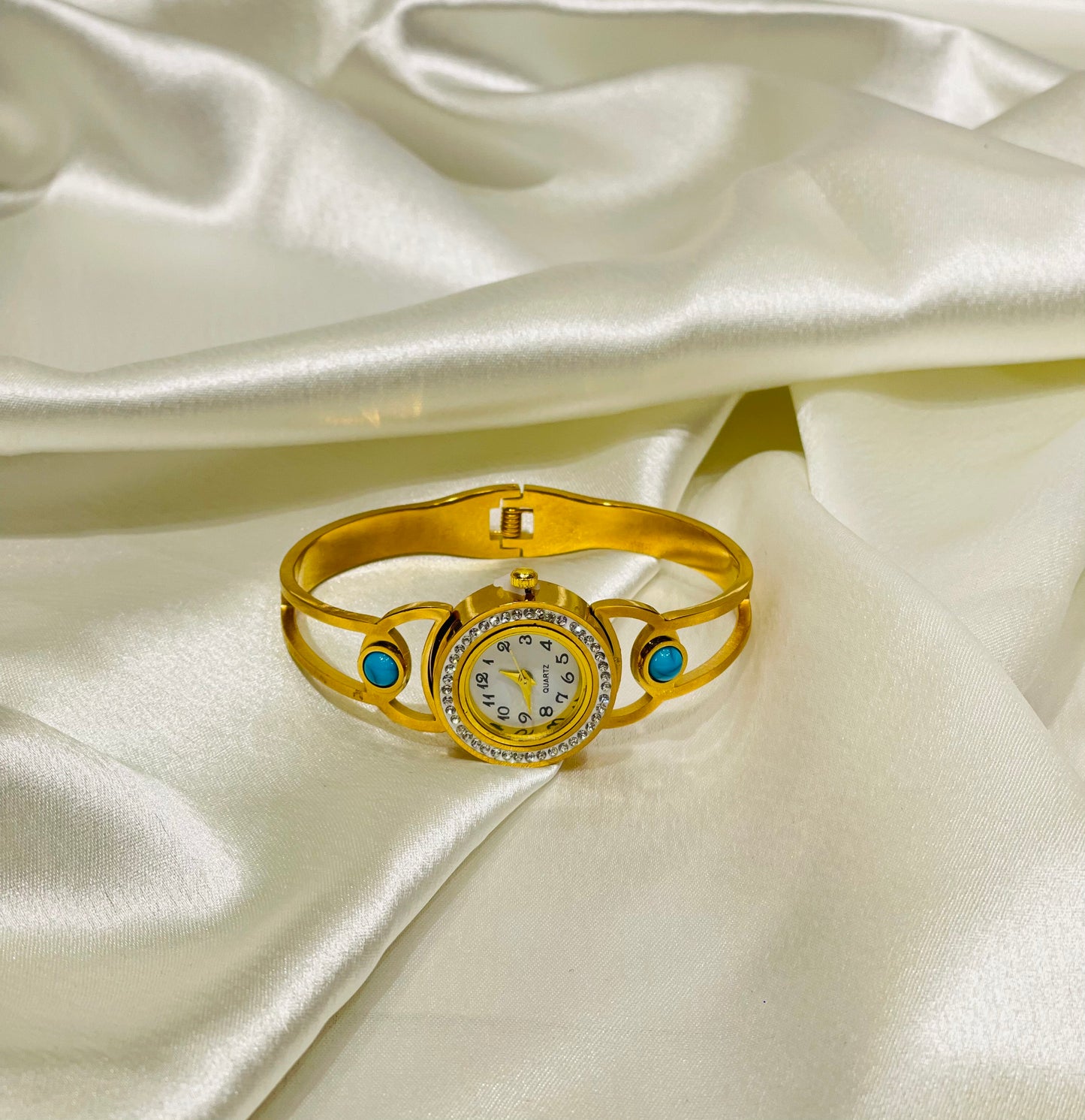 Home Pearl Elegant Gold Bracelet Watch with Blue Stone Accents-Anti Tarnish Gold Finish