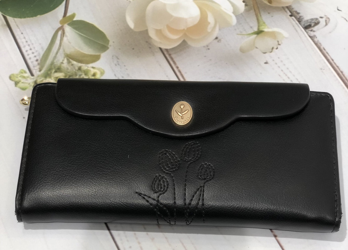 Home Pearl Elegant Black Floral-Stitched Long Wallet – Women’s Classic Wallet with Gold Emblem