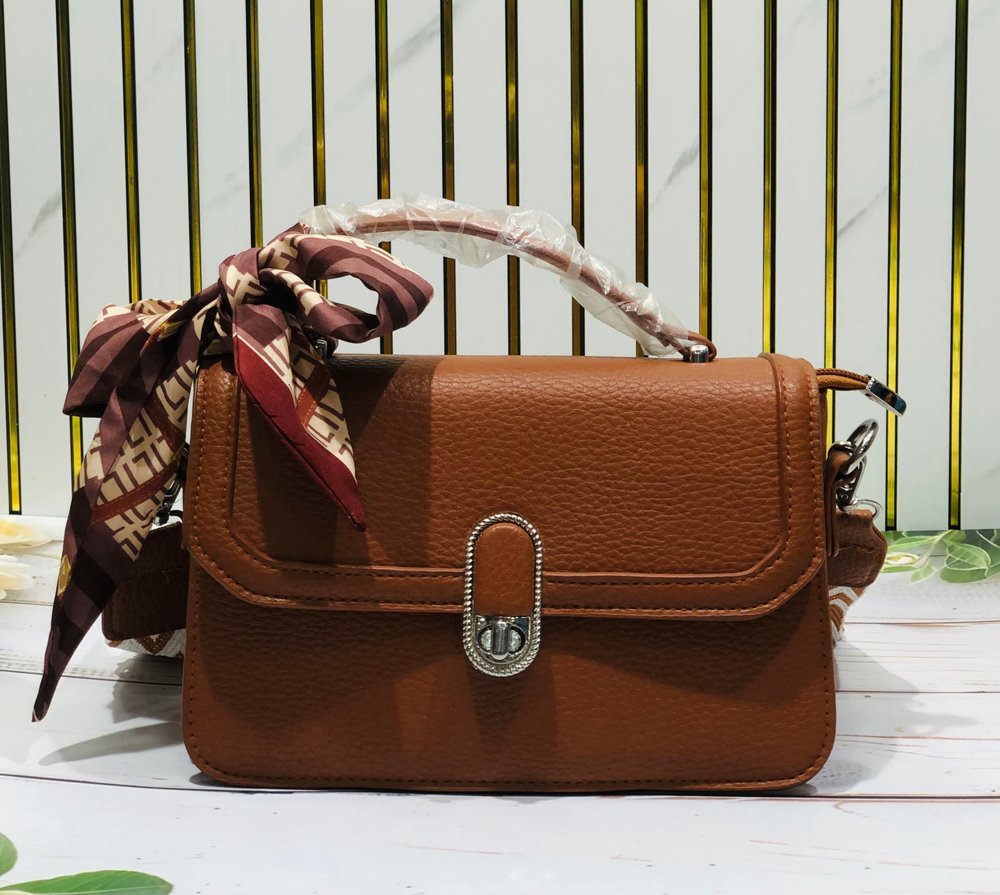 Home Pearl Pu Leather Sling Bag with Printed Scarf – Classy, Compact Stylish