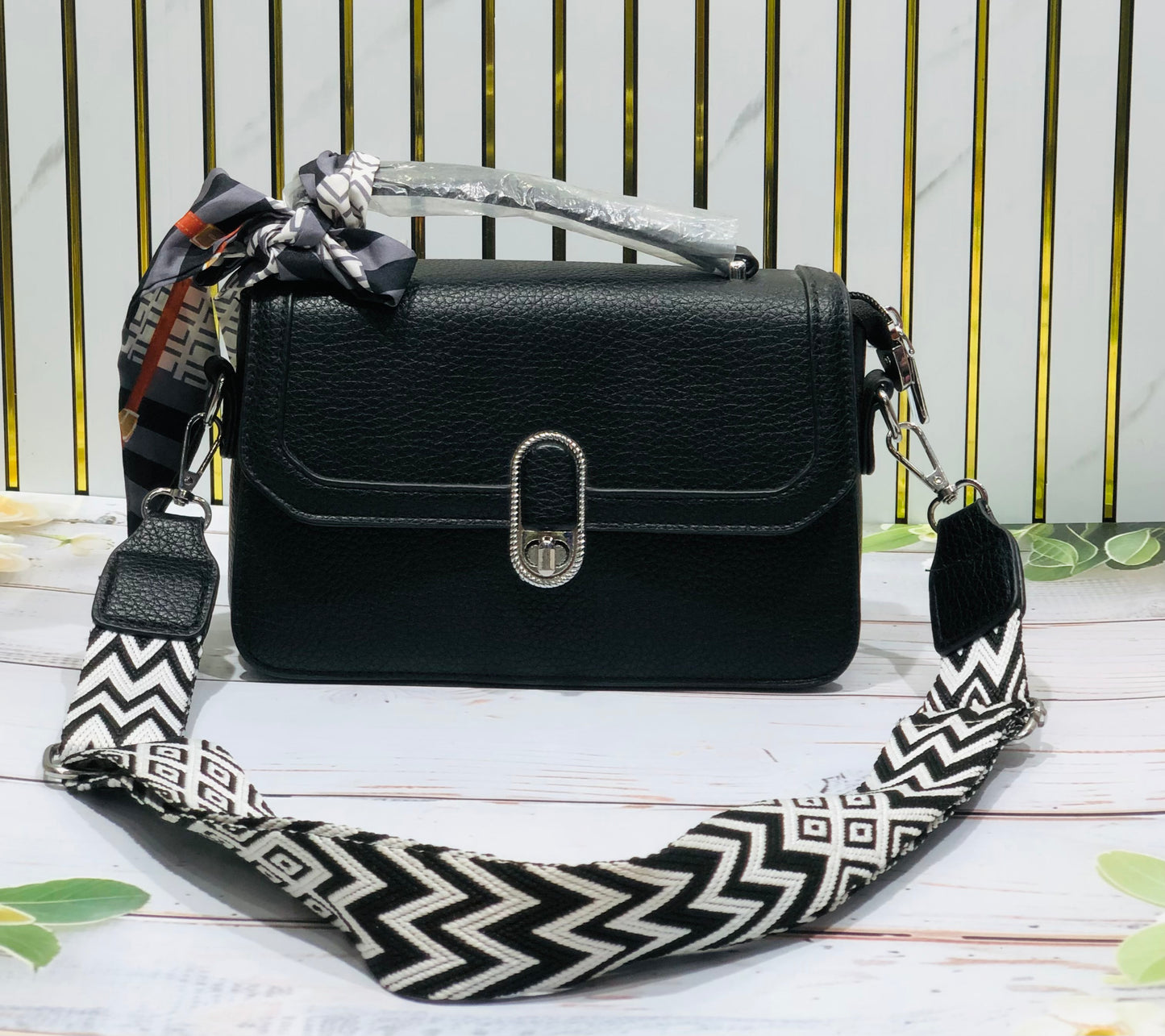 Home Pearl Pu Leather Sling Bag with Printed Scarf – Classy, Compact Stylish