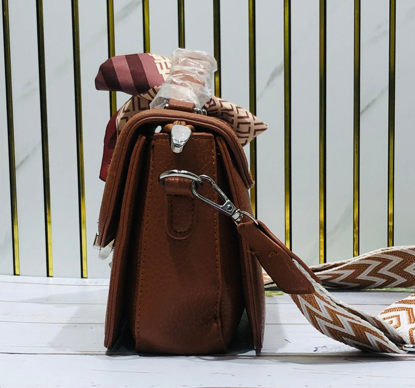 Home Pearl Pu Leather Sling Bag with Printed Scarf – Classy, Compact Stylish