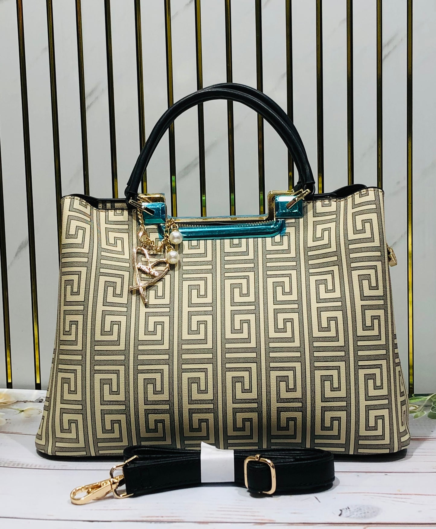 Home Pearl Premium Geometric Print Medium Handbag – Gold & Teal Accent