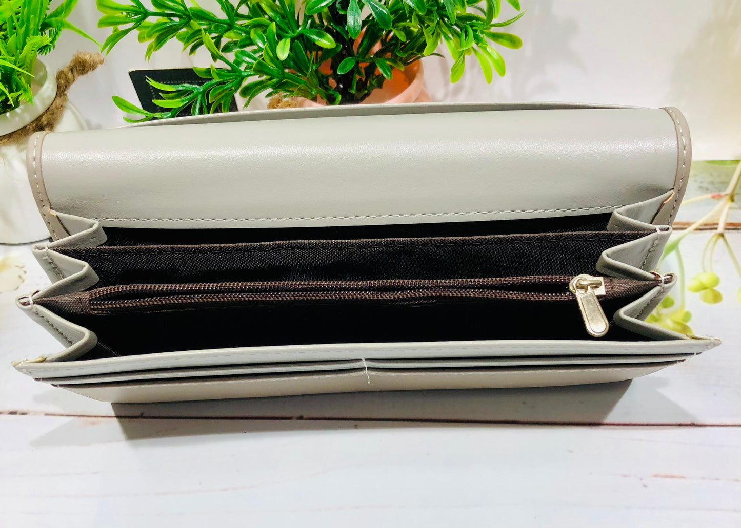 Home Pearl Taupe Grey Long Wallet for Women – Sleek Minimalist Design