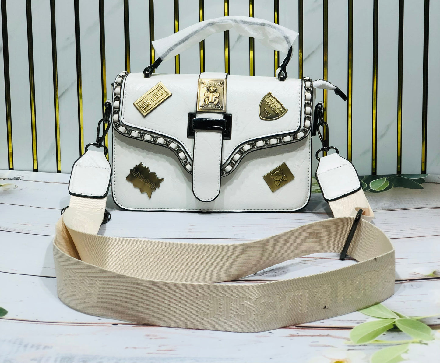 Home Pearl Luxury Sling Bag with Gold Emblem Accents