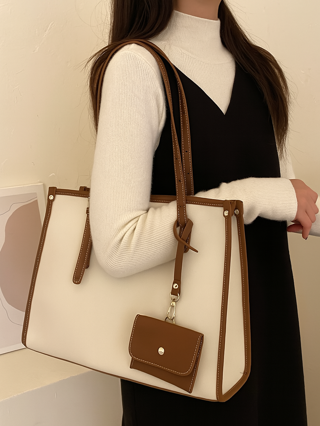 HOME PEARL Elegant Two-Tone Tote Bag with Mini Pouch – Classy & Functional for girl and women