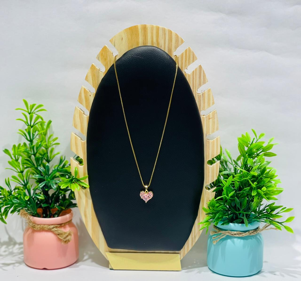 Home Pearl Gold Chain Necklace with Pink Heart Crystal Pendant-Anti Tarnish Gold Finish