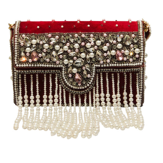 Home Pearl Luxury Handcrafted Bridal Clutch – Pearl Crystal Embellished Velvet Purse