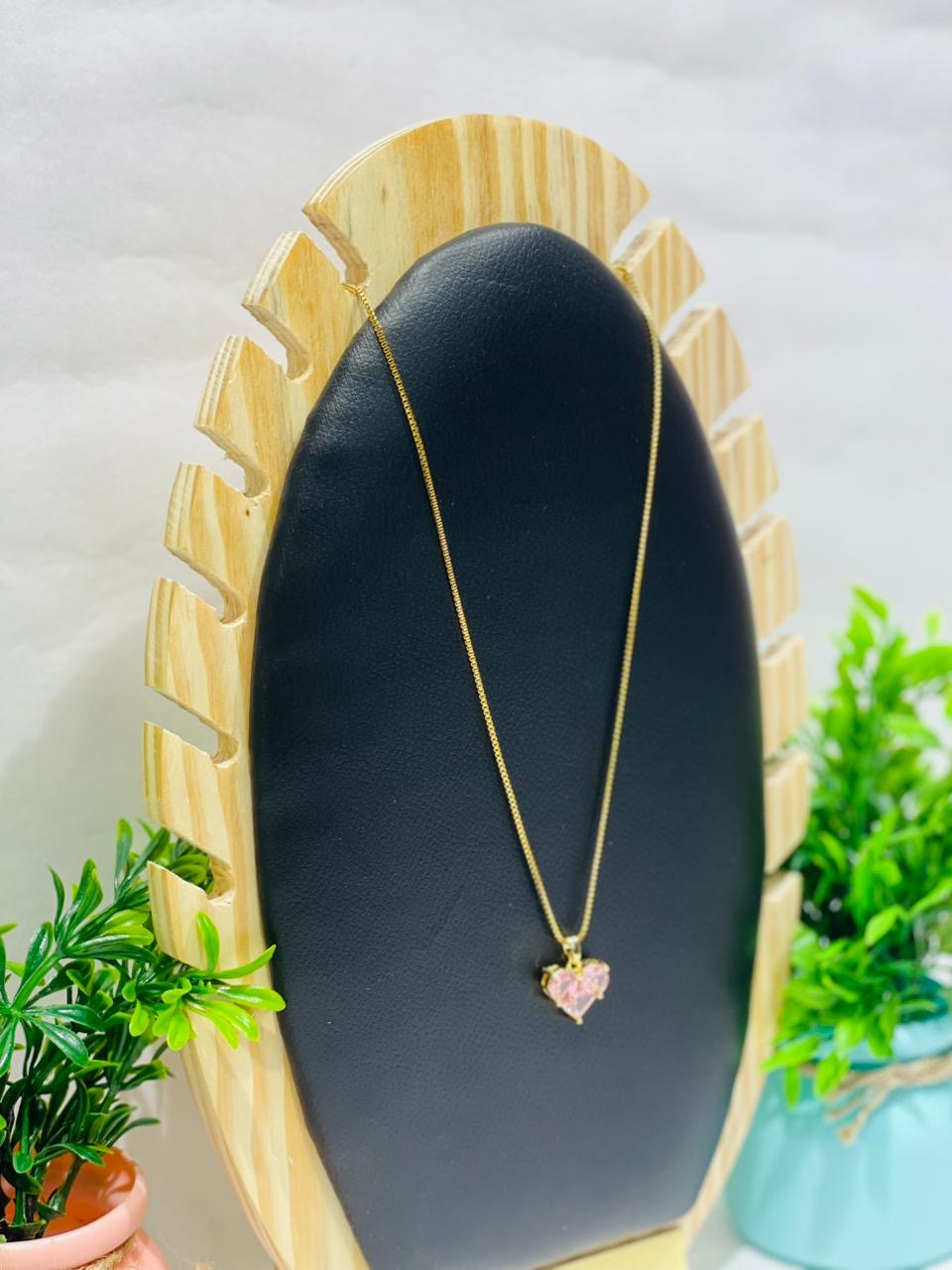 Home Pearl Gold Chain Necklace with Pink Heart Crystal Pendant-Anti Tarnish Gold Finish