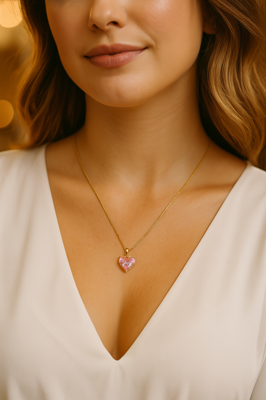 Home Pearl Gold Chain Necklace with Pink Heart Crystal Pendant-Anti Tarnish Gold Finish