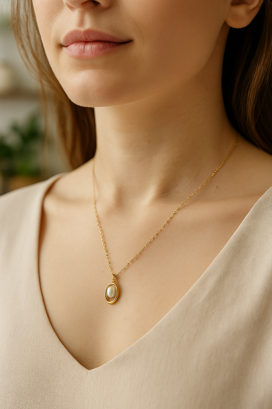 Home Pearl Elegant Anti Tarnish Gold  Finish Oval Pendant Necklace