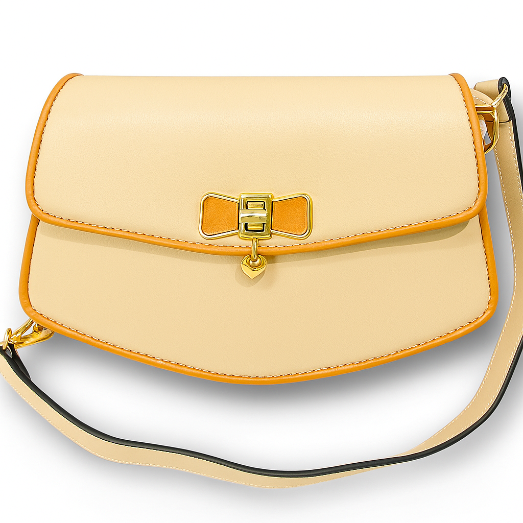 Home Pearl Chic Bow Accent Sling Bag for Women – Beige  Caramel Trim