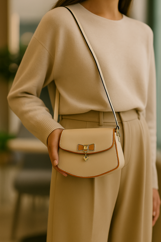 Home Pearl Chic Bow Accent Sling Bag for Women – Beige  Caramel Trim