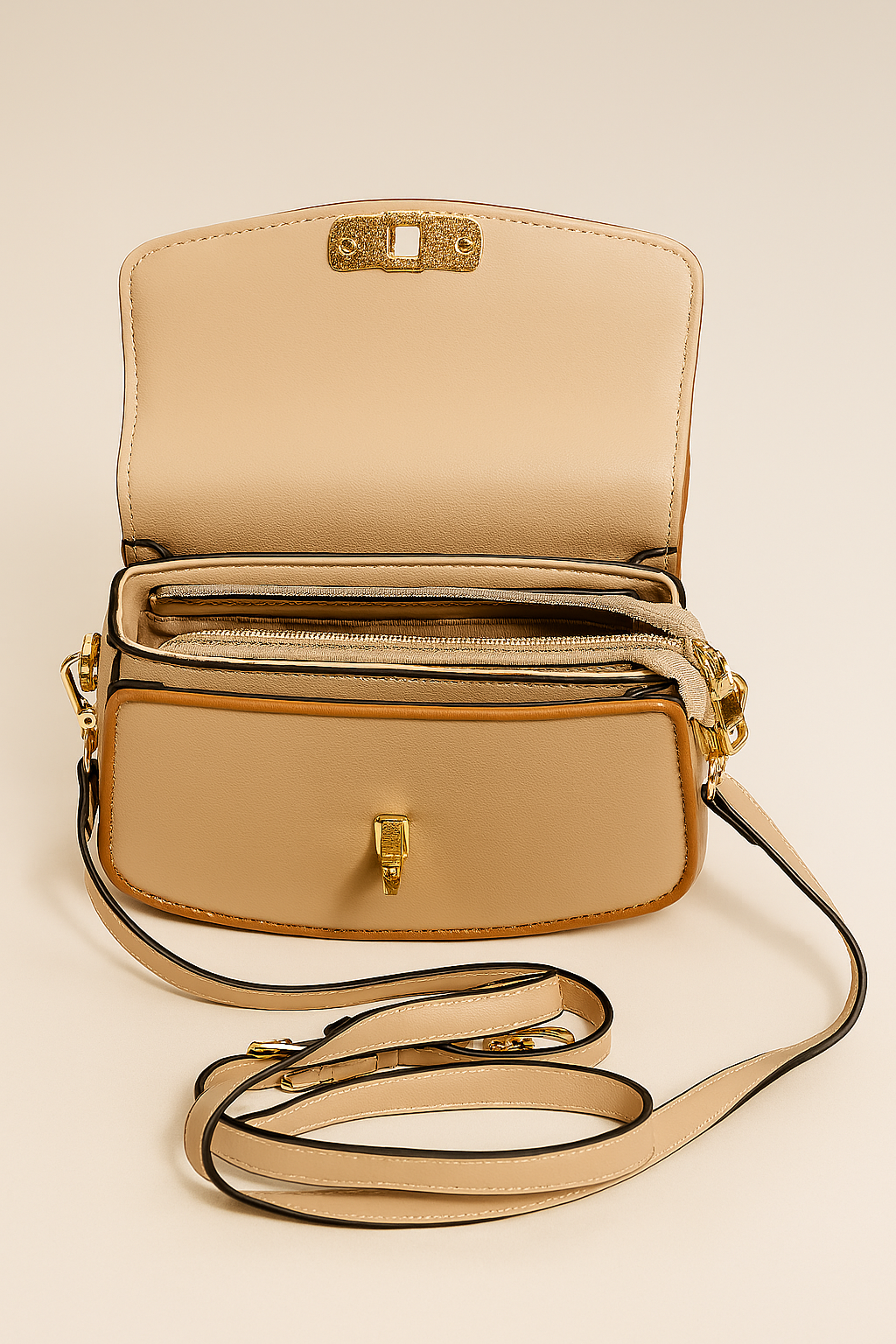 Home Pearl Chic Bow Accent Sling Bag for Women – Beige  Caramel Trim