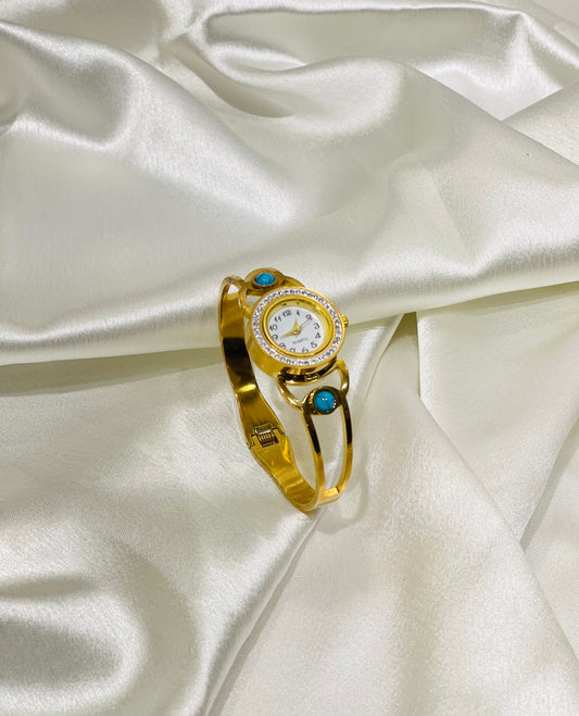 Home Pearl Elegant Gold Bracelet Watch with Blue Stone Accents-Anti Tarnish Gold Finish