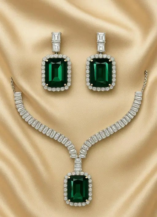 HOME PEARL Emerald Luxe AD Necklace Set for women
