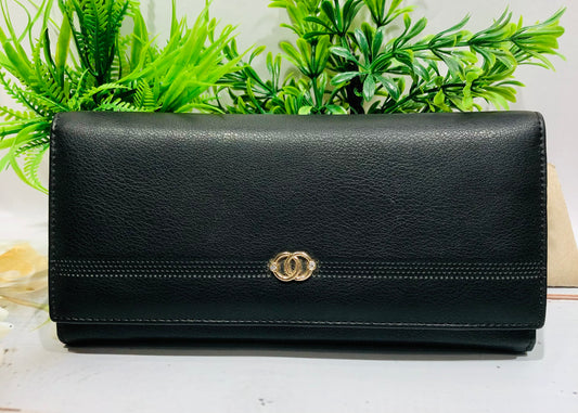 Home Pearl Elegant Black Faux Leather Women's Wallet – Gold Accent Clasp Design