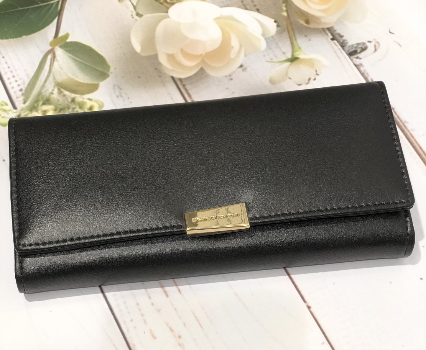 Home Pearl Premium Black Long Wallet for Women – Sleek Design with Gold Accent