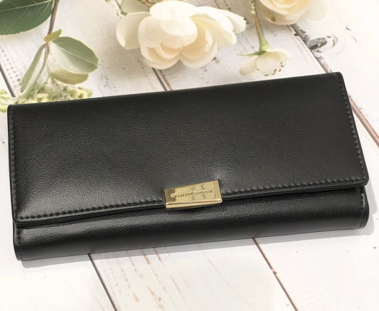 Home Pearl Premium Black Long Wallet for Women – Sleek Design with Gold Accent