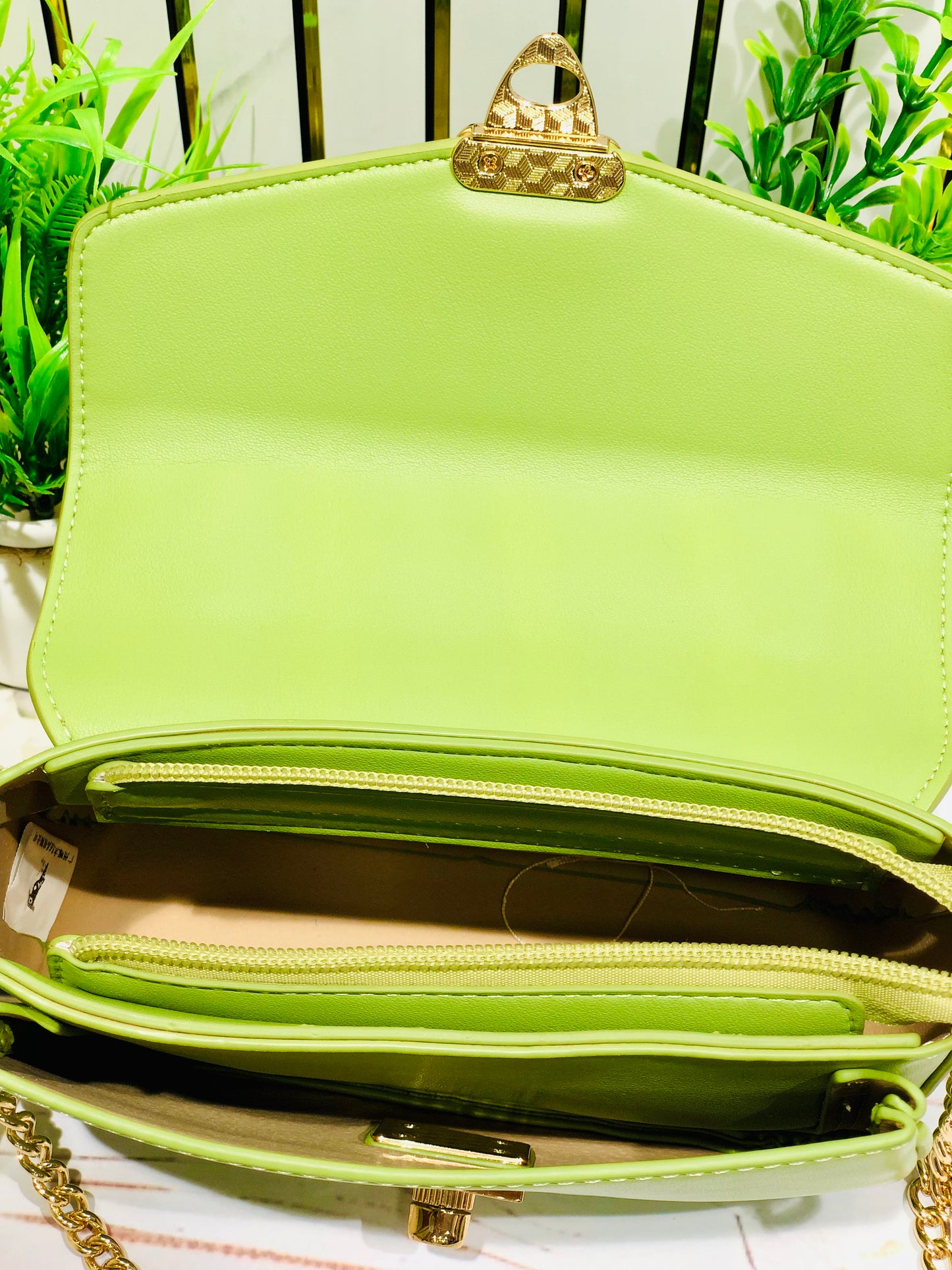 Home Pearl Green Gold-Chained Sling Bag – Bold, Chic  Trendy