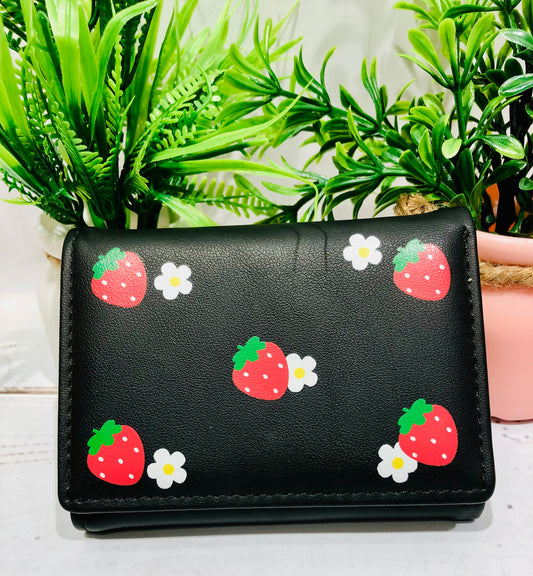 Home Pearl Cute Strawberry  Flower Black Wallet – Women’s PU Leather Bi-Fold