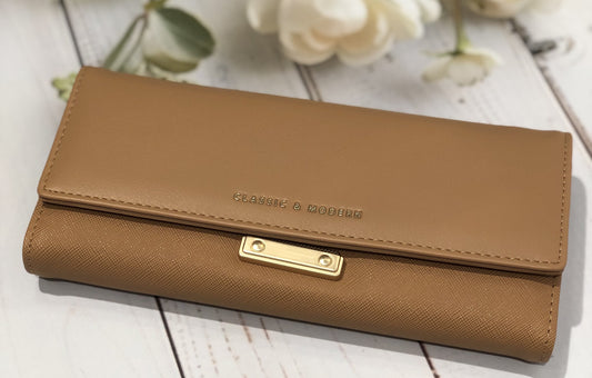 Home Pearl Tan Brown “Classic  Modern” Long Wallet – Elegant Textured Design for Women