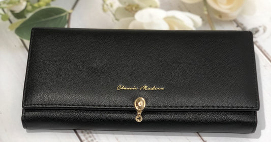 Home Pearl Classic Black Long Wallet for Women – “Classic Modern” Design with Gold Charm